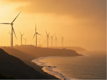 夕日が差し込む海岸線沿いに立ち並ぶ複数の白い大型風力発電の風車群。