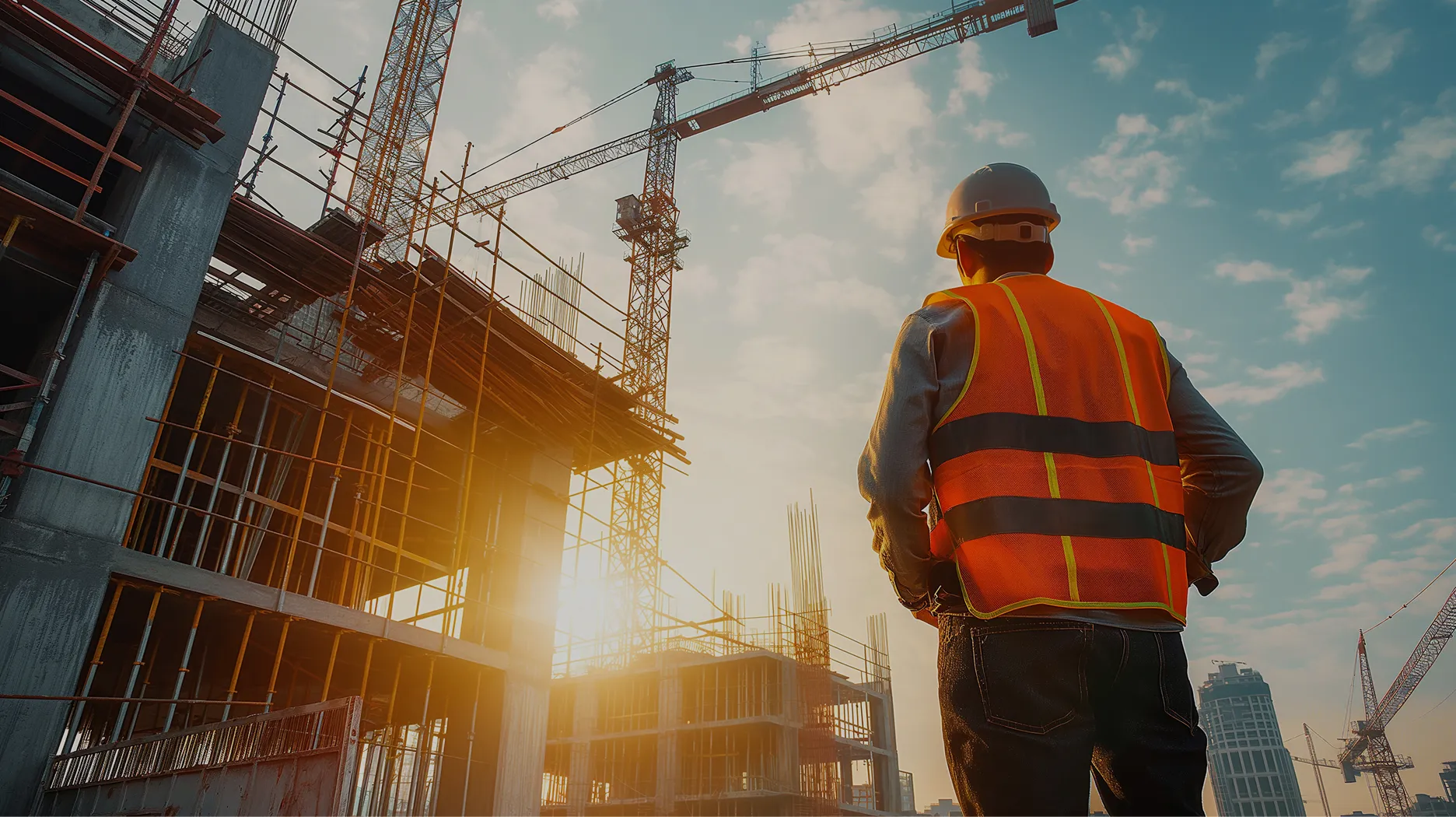 オレンジ色の安全ベストとヘルメットを着用した作業員が、建設途中のビルを背に立っている様子。