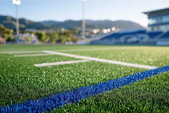 スポーツグラウンドの人工芝のラインと奥に見える競技場の観客席