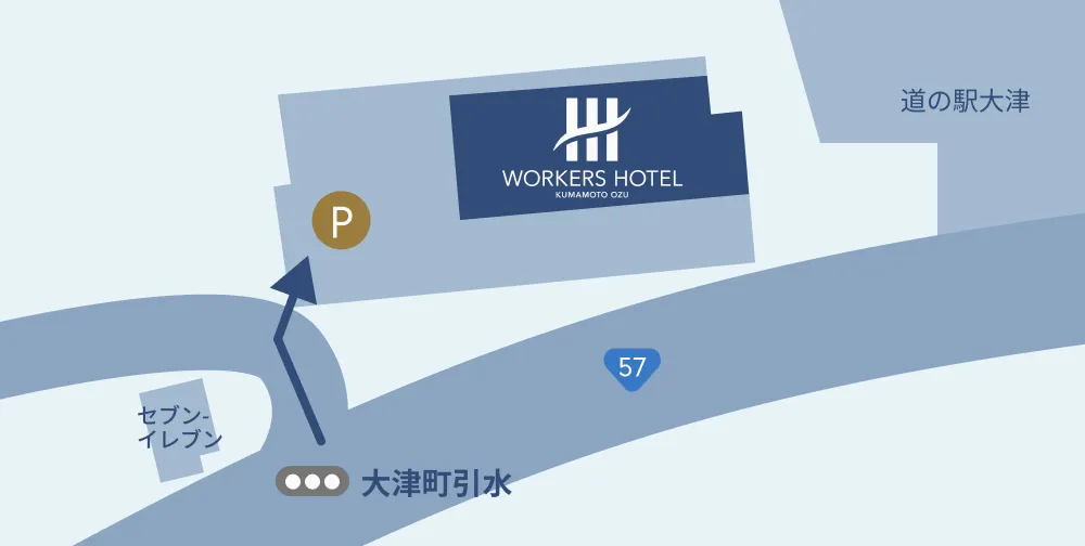 57号線バイパス付近の案内地図。大津町引水の信号をホテル側へ進み、すぐ右手にホテル駐車場入口がある位置を示している。道の駅大津付近。