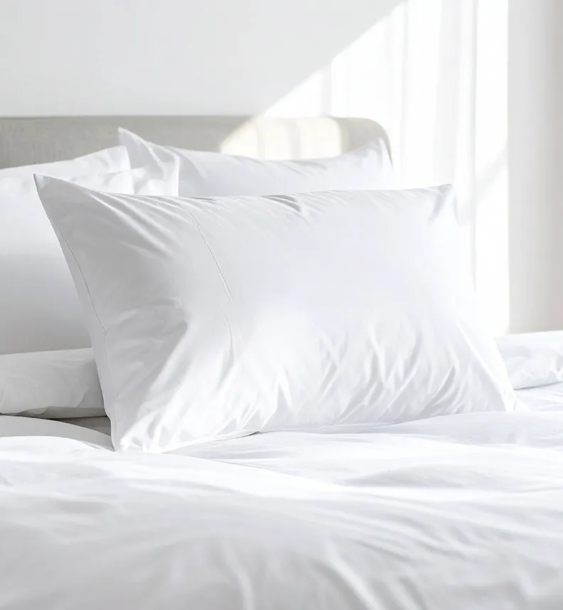 白い枕カバーとシーツで整えられた、清潔感のあるベッド。奥にはヘッドボードと窓からの光が見える。